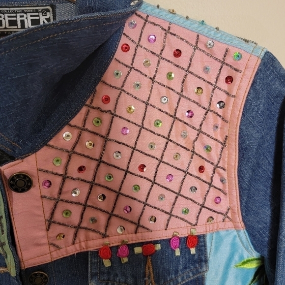 90s 00s Vintage Berek | Floral Butterfly Embroidered Sequin Beaded Jean Jacket - Picture 7 of 13